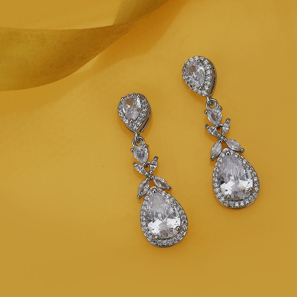Carlton London Premium Jwlry-Silver Toned Cz Studded Rhodium-Plated Teardrop Shaped Handcrafted Drop Earrings Fje4119