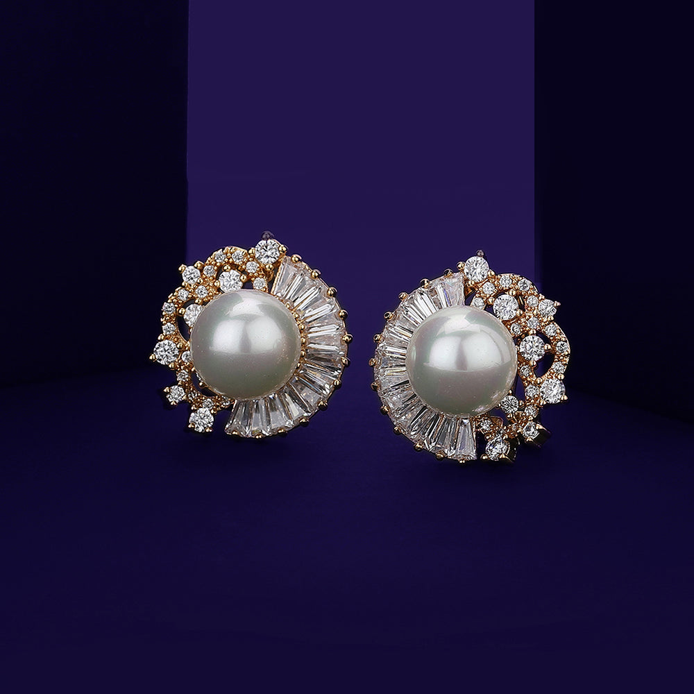 Carlton London Premium Jwlry-Rose Gold & White Toned Pearls Studded Rose Gold-Plated Circular Handcrafted Studs Earrings Fje4124