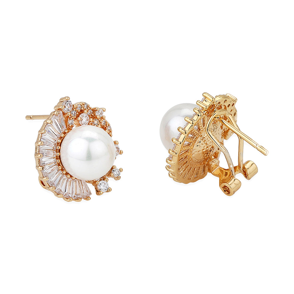 Carlton London Premium Jwlry-Rose Gold & White Toned Pearls Studded Rose Gold-Plated Circular Handcrafted Studs Earrings Fje4124