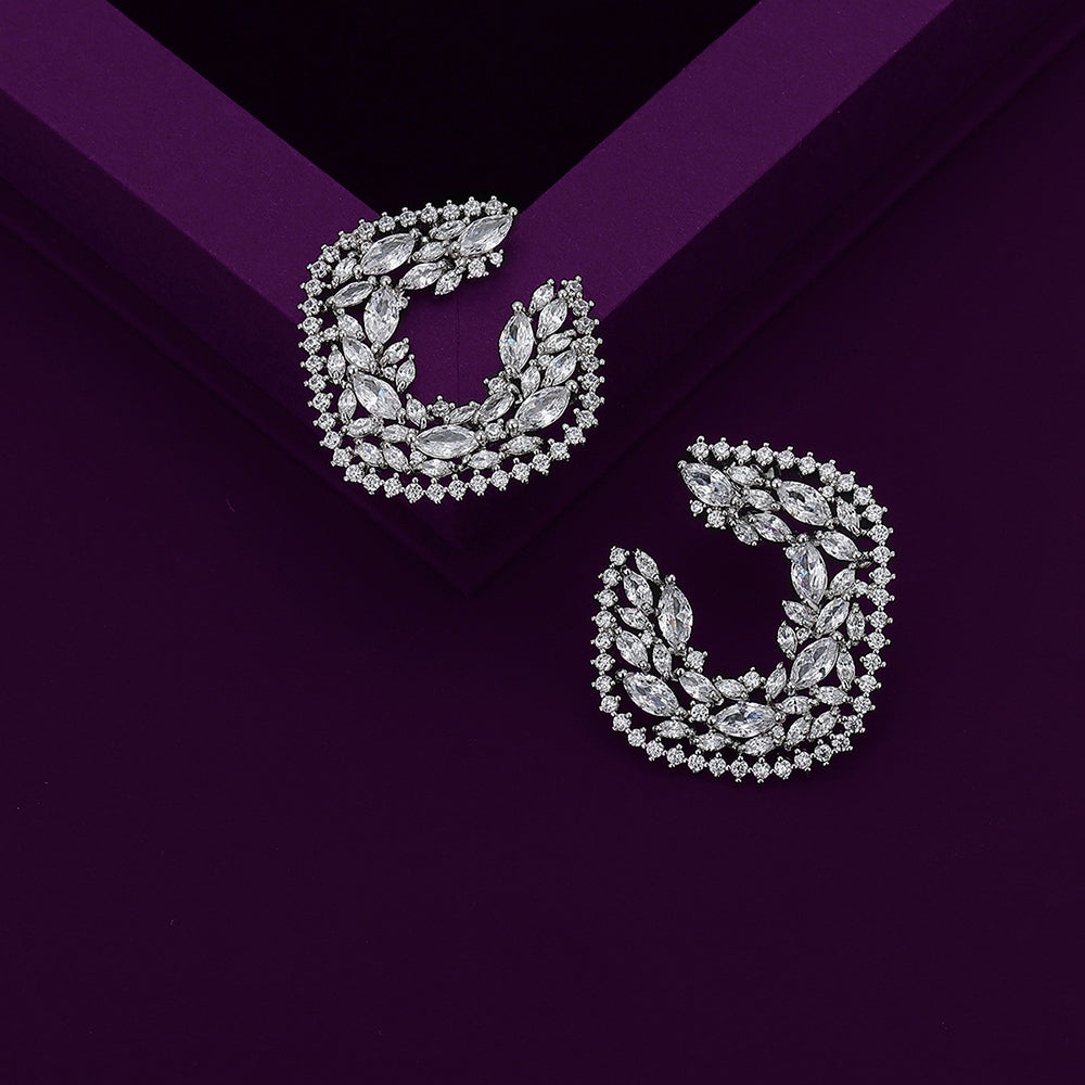 Carlton London Premium Jwlry-Silver Toned Cz Studded Rhodium-Plated Square Handcrafted Studs Earrings Fje4133