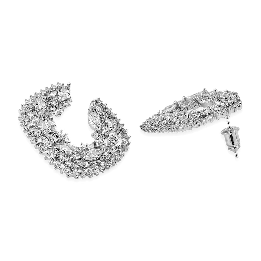 Carlton London Premium Jwlry-Silver Toned Cz Studded Rhodium-Plated Square Handcrafted Studs Earrings Fje4133