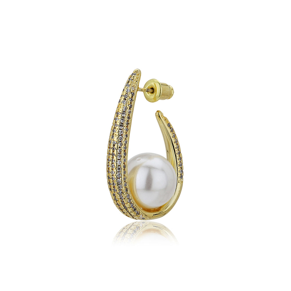 Carlton London Premium Jwlry-Gold & White Toned Pearls Studded Gold-Plated Teardrop Shaped Handcrafted Half Hoop Earrings Fje4148