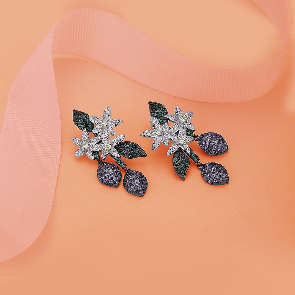 Carlton London Premium Jwlry-Multi Colour Toned Cz Studded Silver-Plated Floral Shaped Oxidised Drop Earrings Fje4149