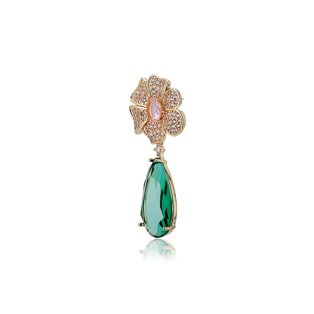 Carlton London Premium Jwlry-Gold & Green Toned Cz Studded Gold-Plated Teardrop Shaped Handcrafted Drop Earrings Fje4150