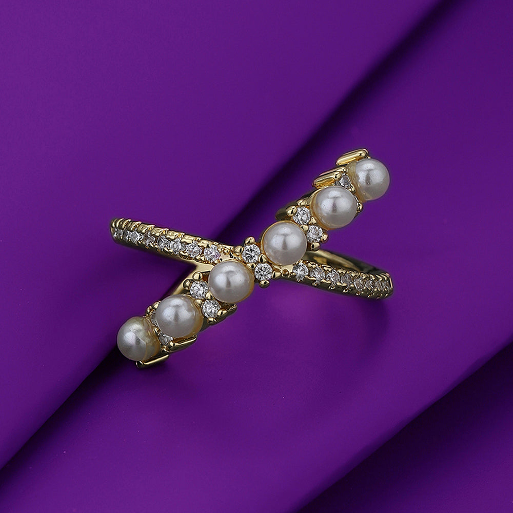 Carlton London Premium Gold Plated Pearl & Cz Studded Contemporary Adjustable Finger Ring For Women