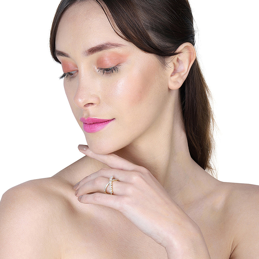 Carlton London Premium Gold Plated Pearl & Cz Studded Contemporary Adjustable Finger Ring For Women