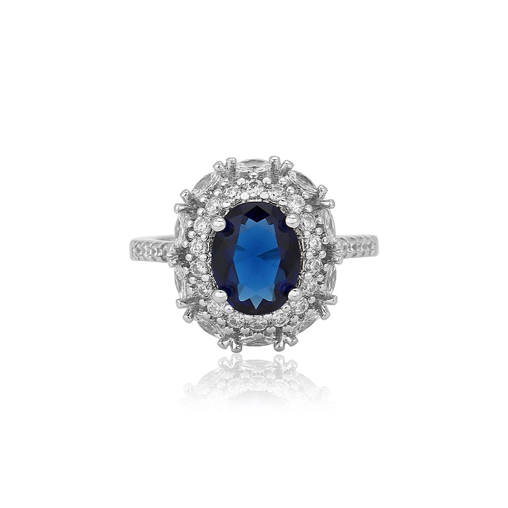Carlton London Premium Rhodium Plated Silver Toned Blue Stone Studded Adjustable Ring For Women