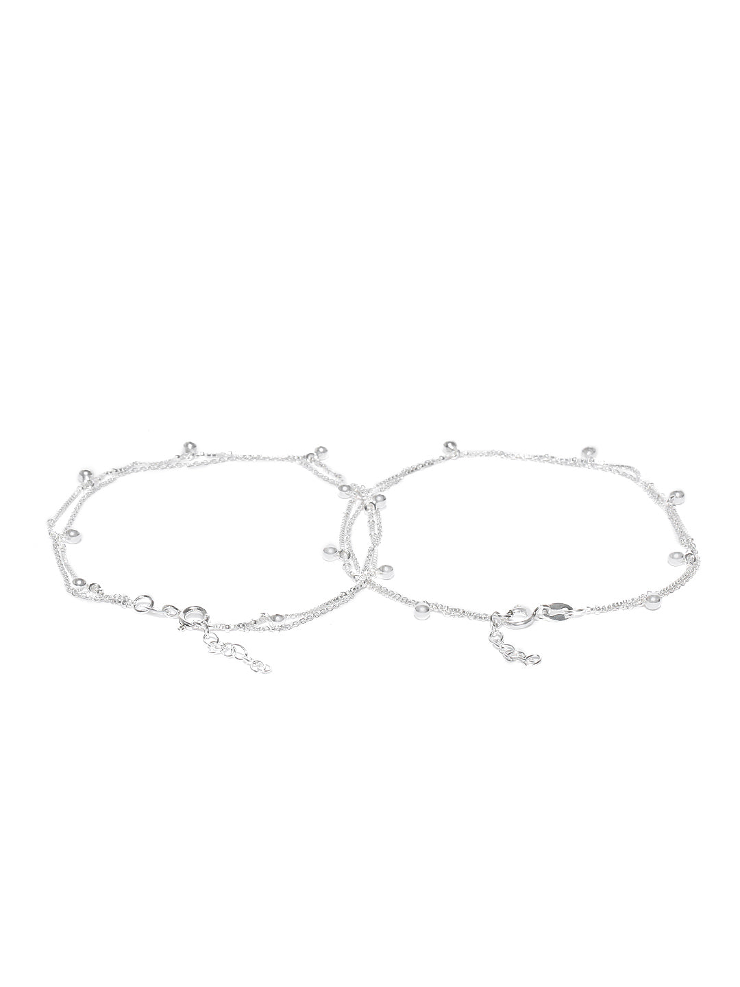 Carlton London 925 Sterling Silver Rhodium Plated Silver Toned Set Of 2 Anklets For Women