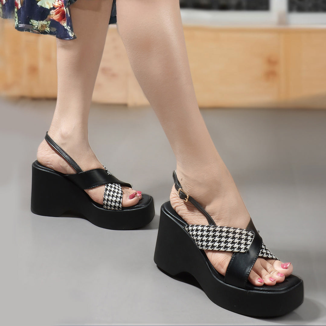 Women Black Printed Platform Heel Party Wear Sandals
