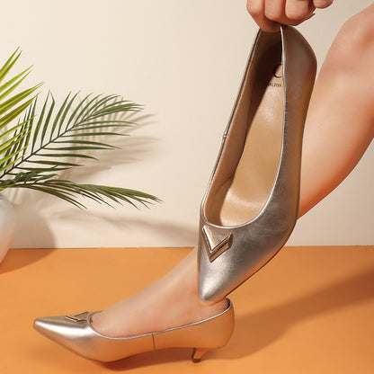 Metallic Gold Pointed Toe Kitten Heel Pumps
