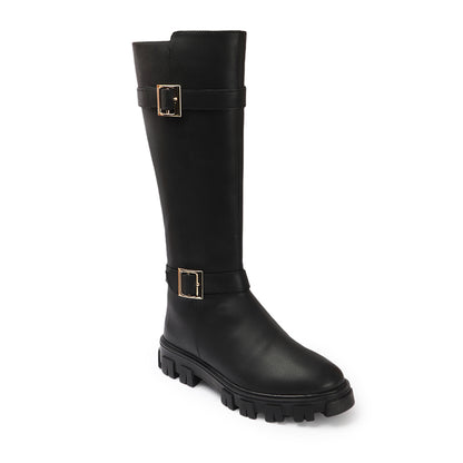 Women Block-Heeled Buckle Detail Winter Long  Boots