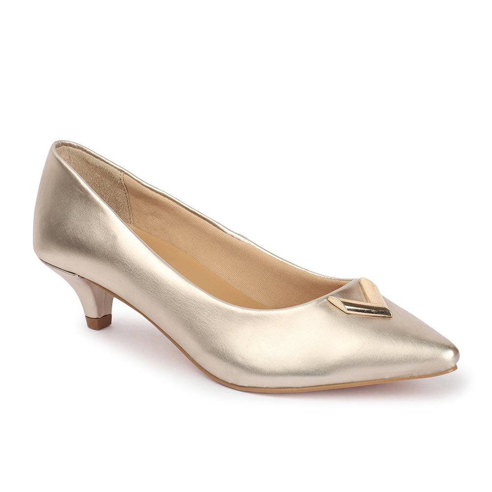 Metallic Gold Pointed Toe Kitten Heel Pumps