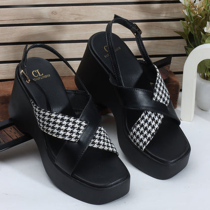 Women Black Printed Platform Heel Party Wear Sandals