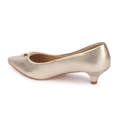 Metallic Gold Pointed Toe Kitten Heel Pumps