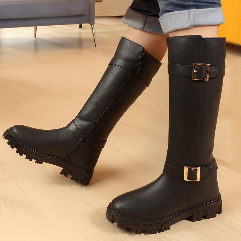 Women Block-Heeled Buckle Detail Winter Long  Boots