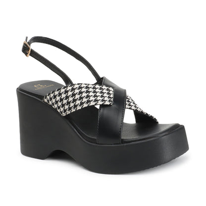 Women Black Printed Platform Heel Party Wear Sandals