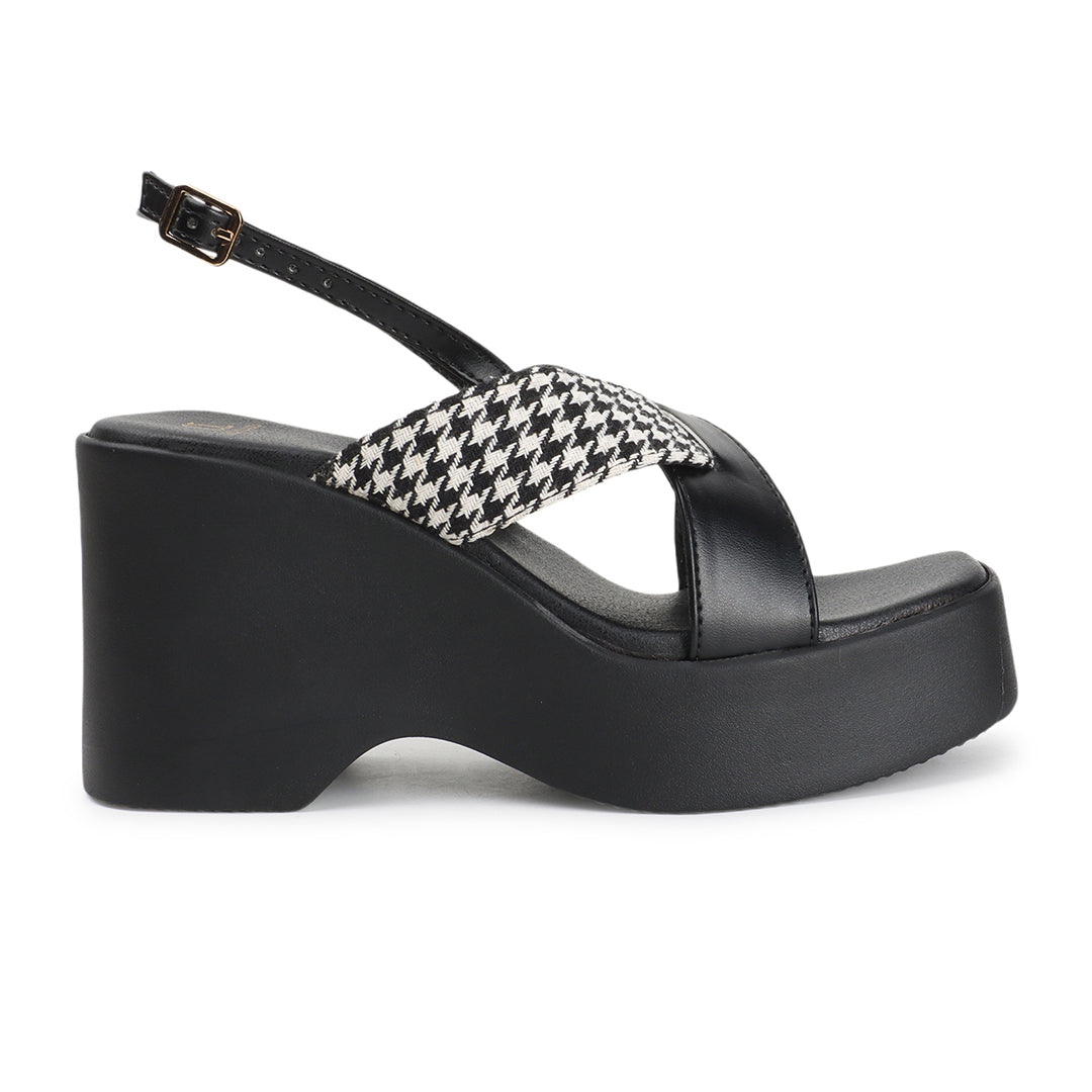 Women Black Printed Platform Heel Party Wear Sandals