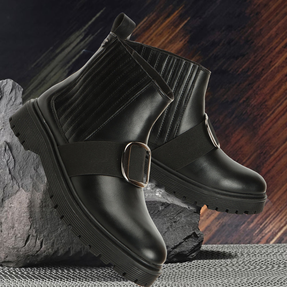 Women Casual Block-Heeled Chelsea Boots With Buckle Details