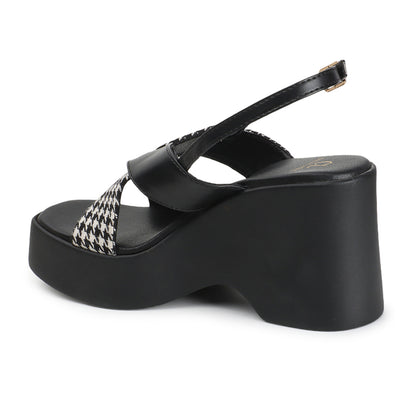Women Black Printed Platform Heel Party Wear Sandals