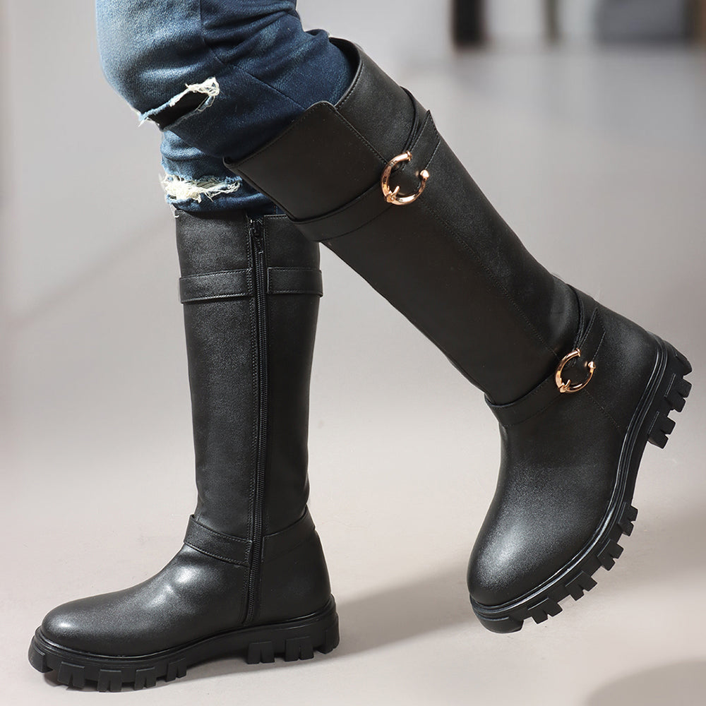 Women Block-Heeled Buckle Detail Winter Long  Boots