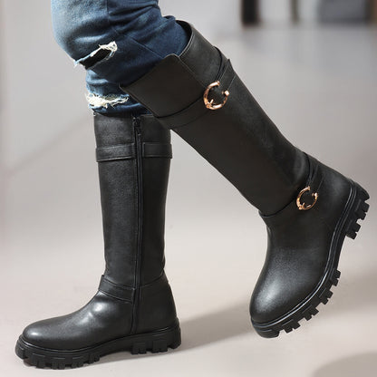 Women Block-Heeled Buckle Detail Winter Long  Boots