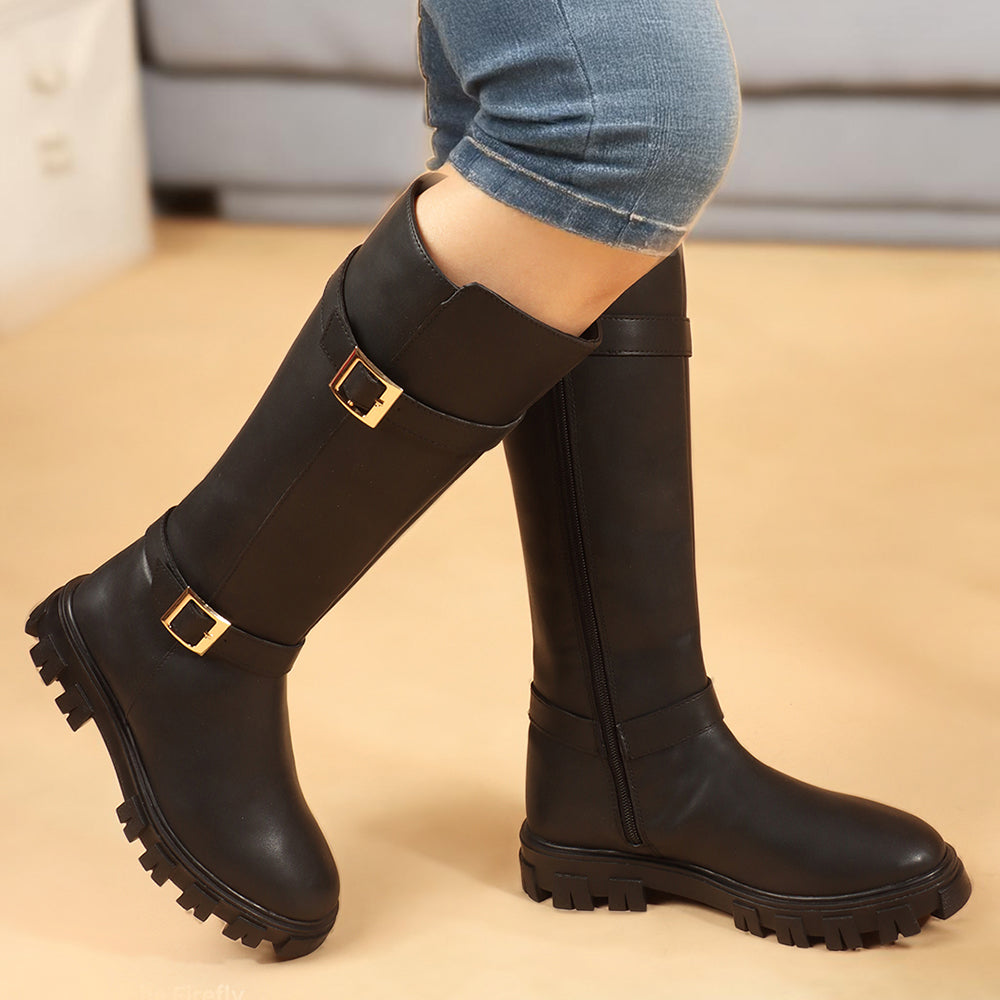 Women Block-Heeled Buckle Detail Winter Long  Boots