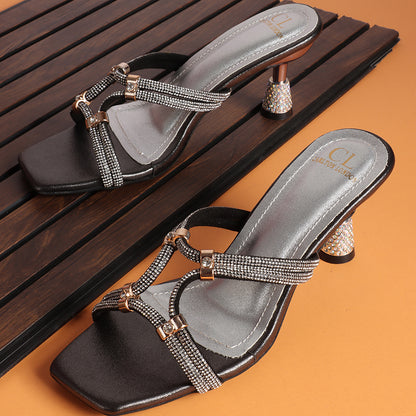 Women Square Toe Embellished Party Stiletto Sandals