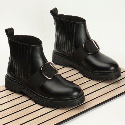 Women Casual Block-Heeled Chelsea Boots With Buckle Details