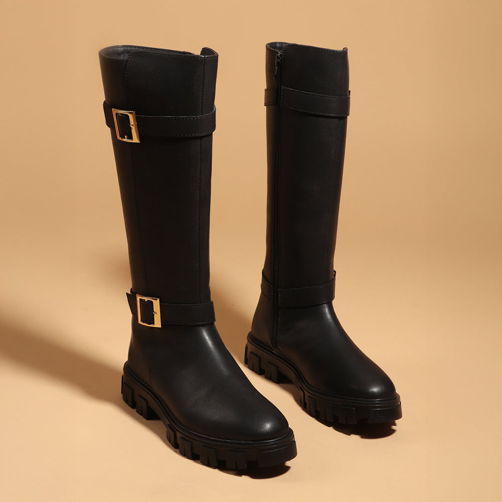 Women Block-Heeled Buckle Detail Winter Long  Boots
