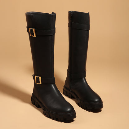 Women Block-Heeled Buckle Detail Winter Long  Boots