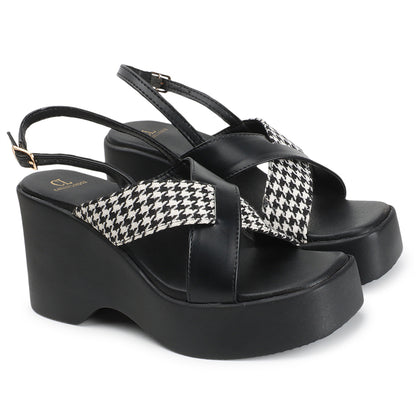Women Black Printed Platform Heel Party Wear Sandals