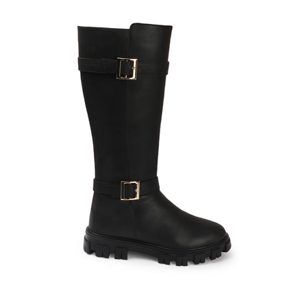 Women Block-Heeled Buckle Detail Winter Long  Boots