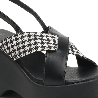 Women Black Printed Platform Heel Party Wear Sandals