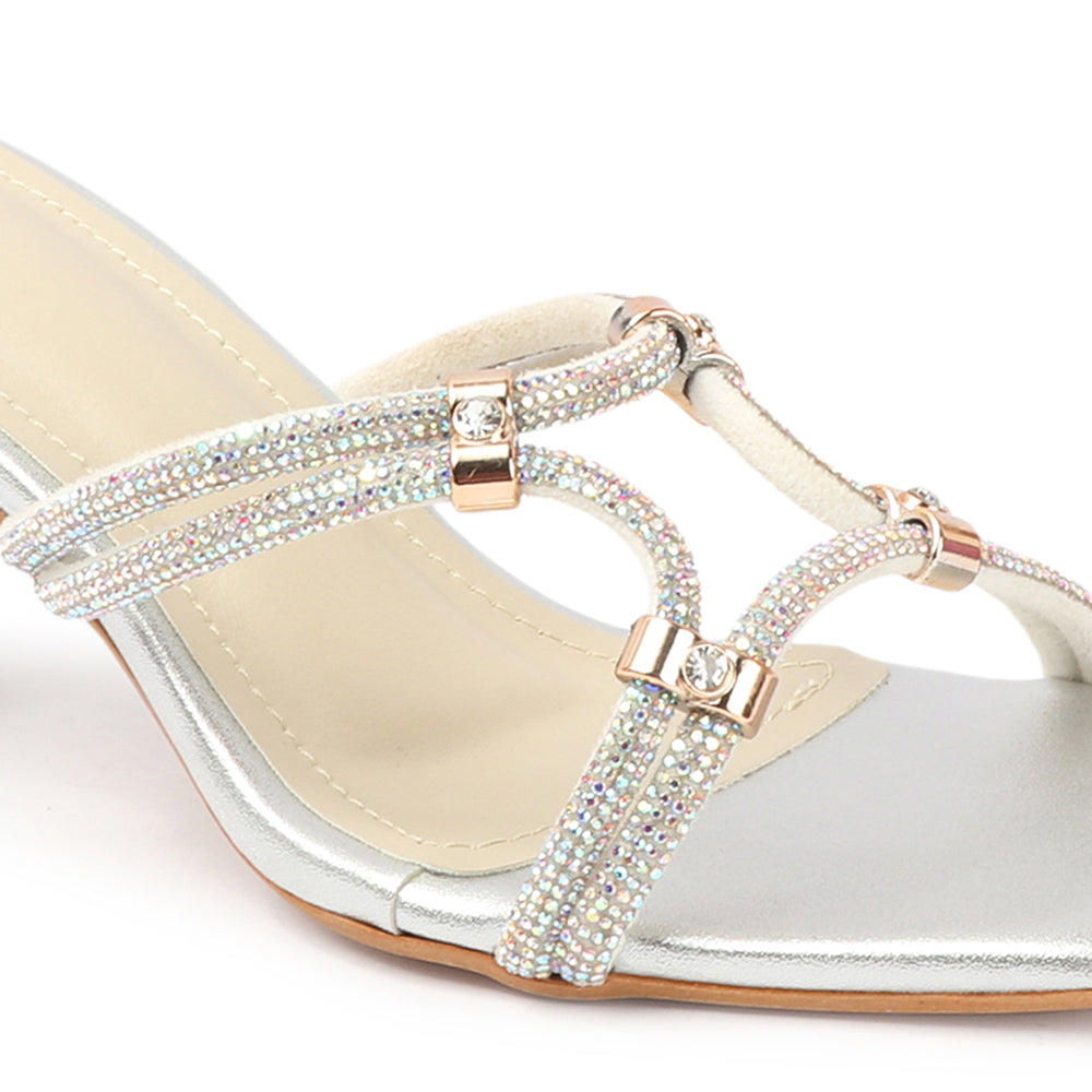 Women Square Toe Embellished Party Stiletto Sandals