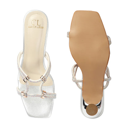 Women Square Toe Embellished Party Stiletto Sandals
