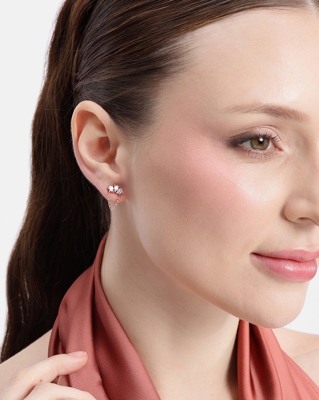 18kt Rose Gold Plated CZ Stud and Chain Earring
