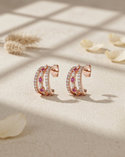 18kt Rose Gold Plated Ruby Studded Triple Band Layered Half Hoop Earring
