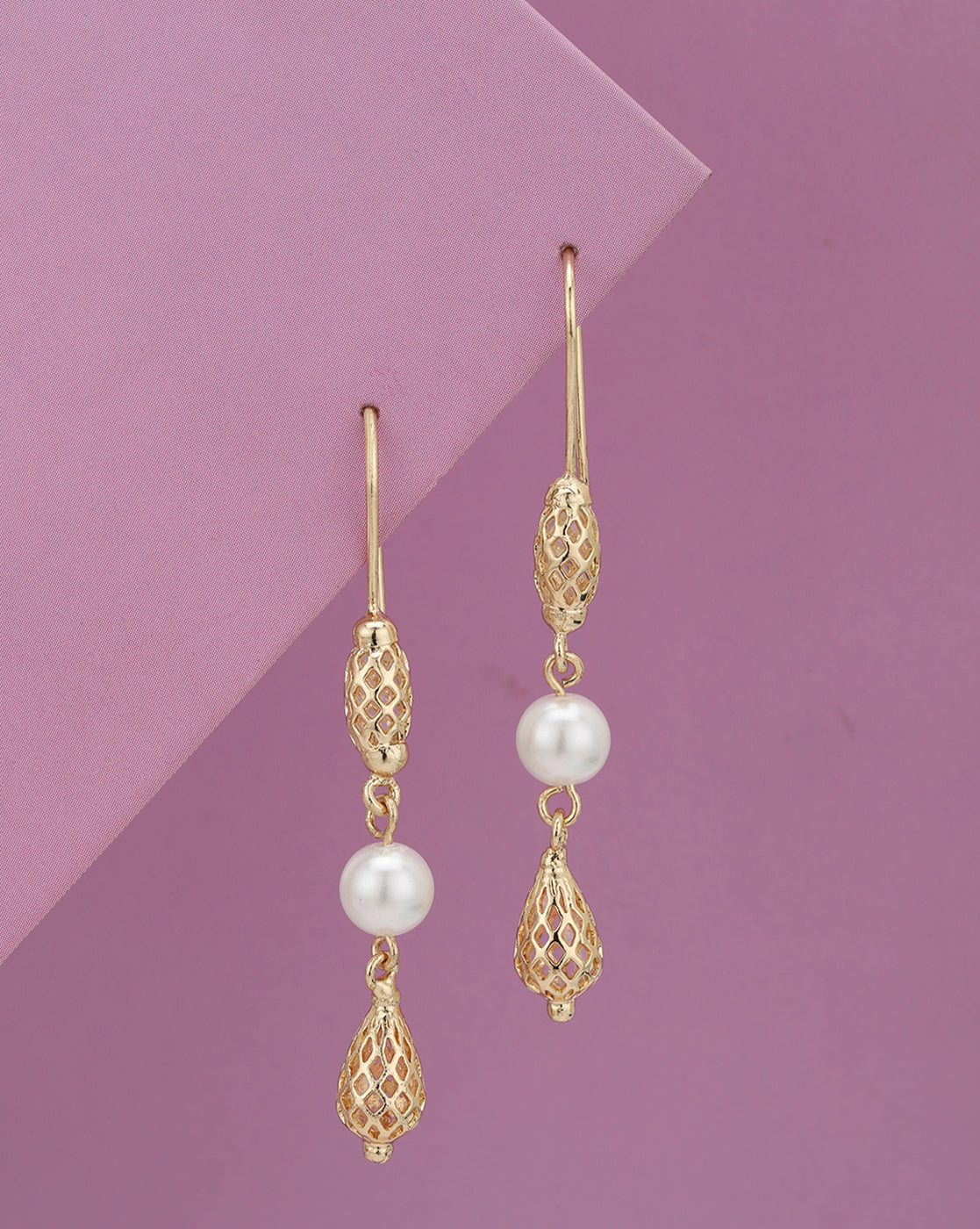 Gold-Plated Elegant Pearl Filigree Drop Earrings
