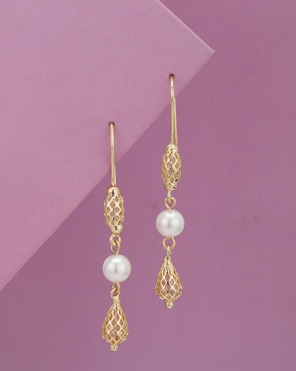 Gold-Plated Elegant Pearl Filigree Drop Earrings