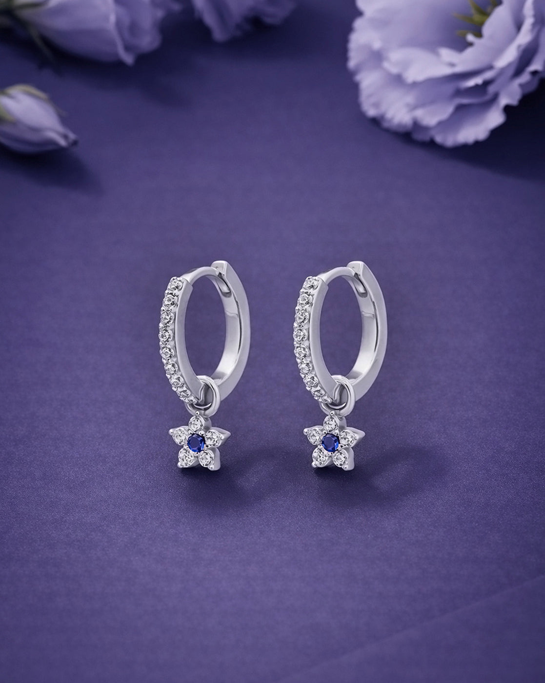 925 Sterling Silver Rhodium Plated Blue CZ Star Hoop Earring