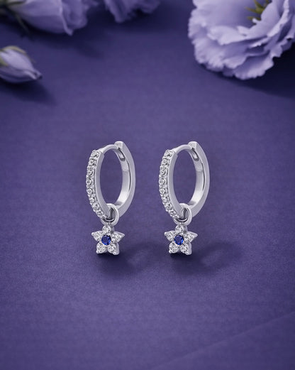 925 Sterling Silver Rhodium Plated Blue CZ Star Hoop Earring