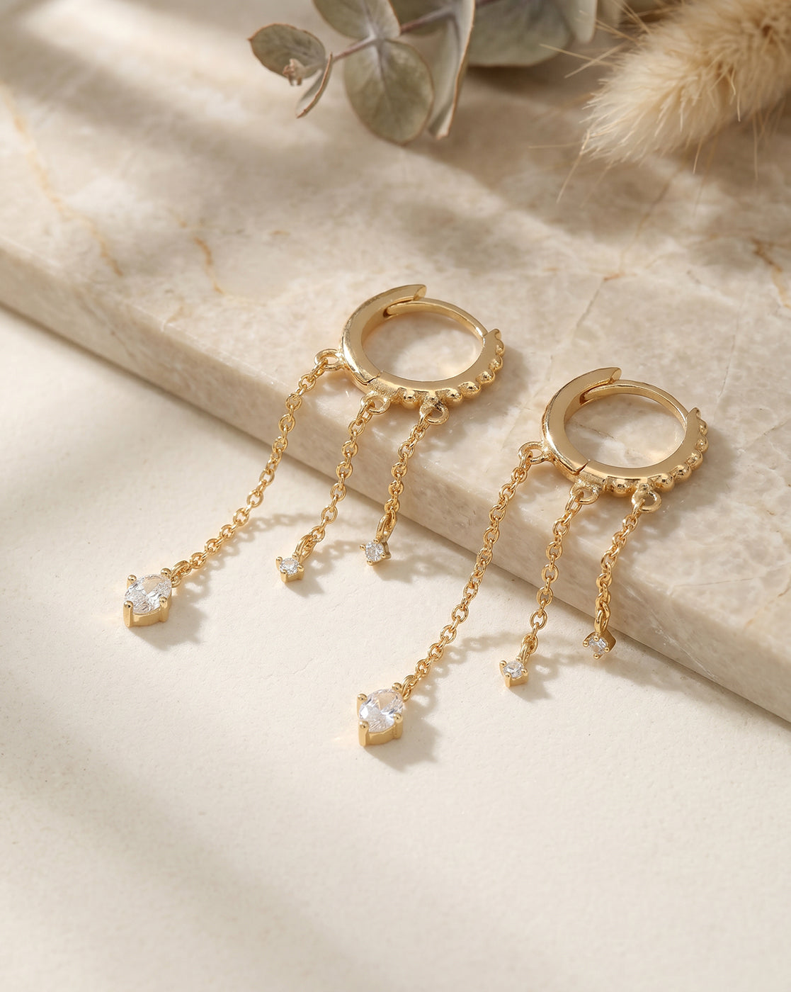 18kt Gold Plated Dangling Chain Studded Huggie Hoop Earring
