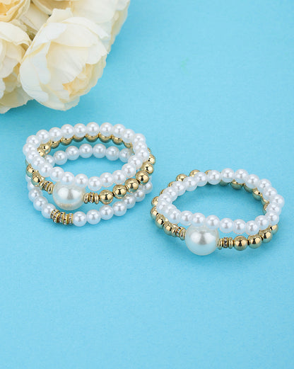 Set of 5 Gold Toned Pearl and Bead Stretchable Bracelet Multipack Set