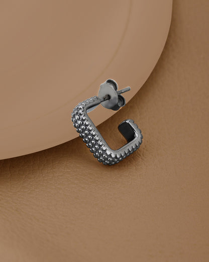 Men Rhodium Plated Oxidised Rectangle Half Hoop Earring