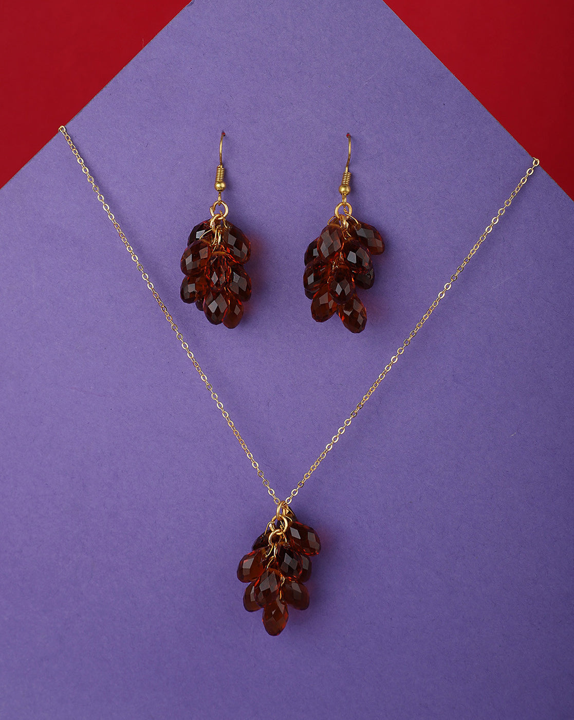 Gold-Plated Red Crystal Bead Necklace &amp; Earrings Set