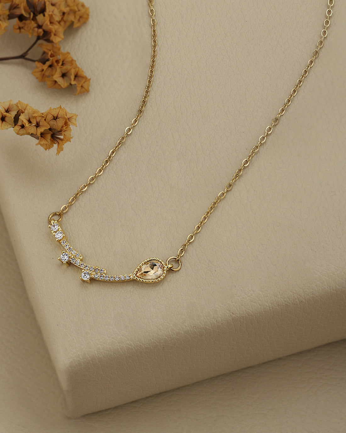 Gold Plated CZ Studded and Citrine Yellow Solitaire Contemporary Necklace