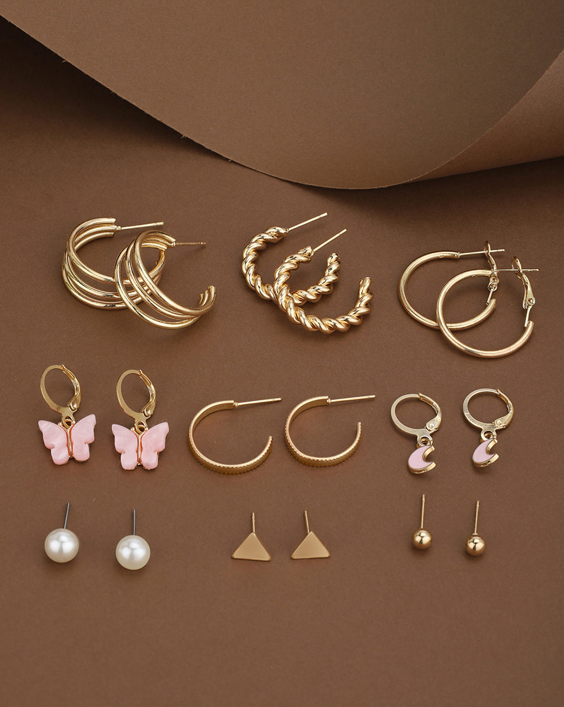 Set of 9 Gold Plated Pearl Butterfly-Crescent Moon Enamel Twisted Hoop and Stud Multipack Earring