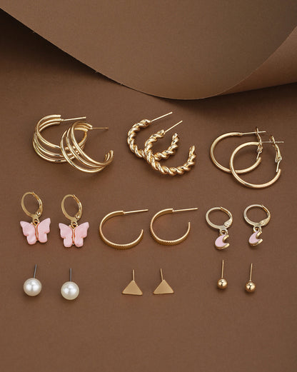 Set of 9 Gold Plated Pearl Butterfly-Crescent Moon Enamel Twisted Hoop and Stud Multipack Earring
