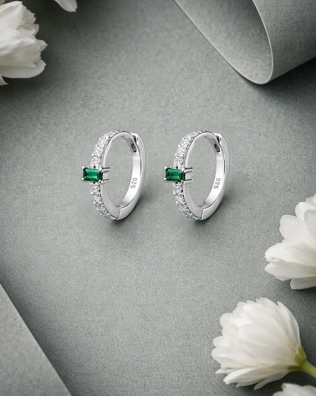 925 Sterling Silver Rhodium Plated Green CZ Hoop Earring