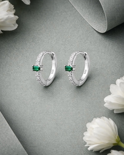 925 Sterling Silver Rhodium Plated Green CZ Hoop Earring